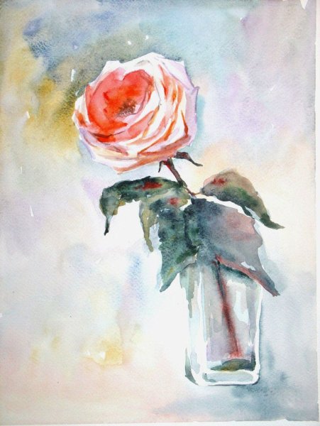Цветы в стеклянной вазе акварелью
