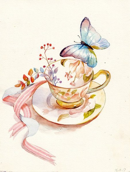 Стеклянная ваза с цветами акварелью