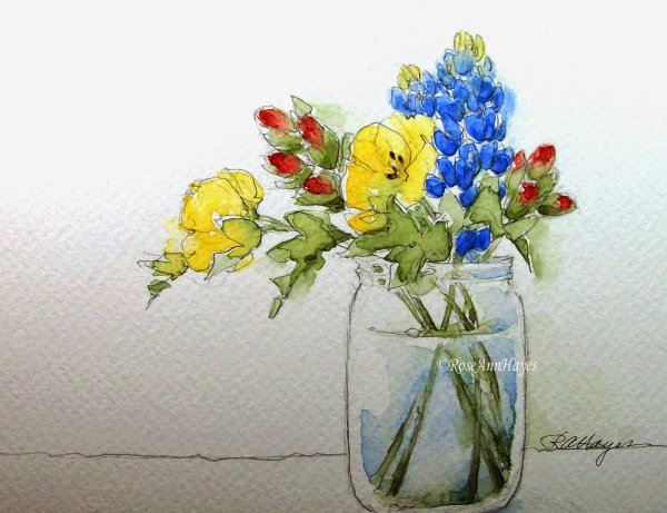 Цветы в вазе акварелью