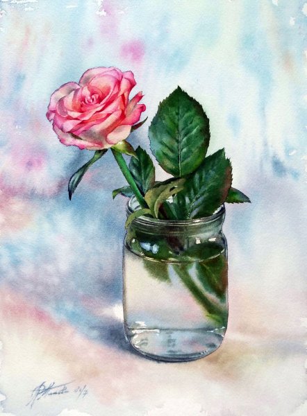 Розы в вазе акварелью