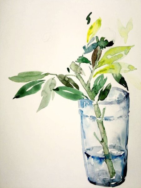 Стеклянная ваза с цветами акварелью