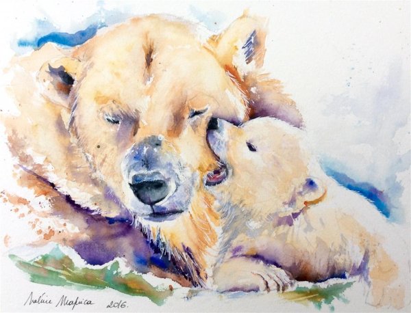 Белый медведь акварель