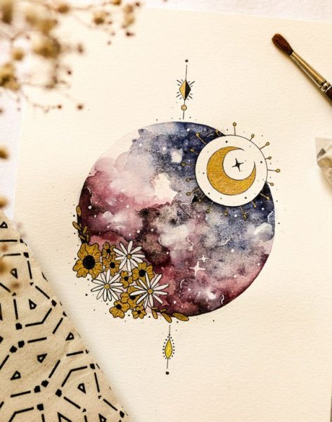Луна арт акварель