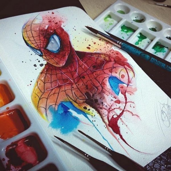 Человек паук акварель