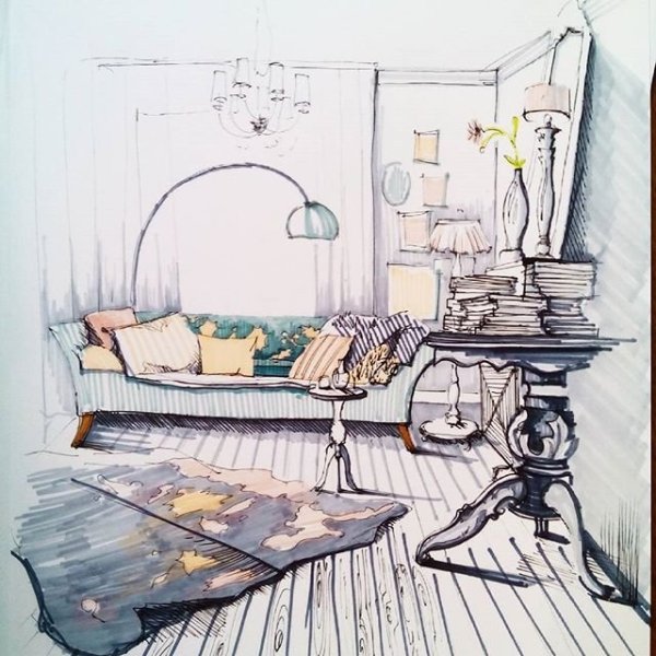 Акварельные скетчи интерьеров