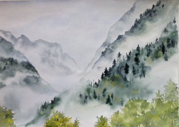 Лес и горы акварелью