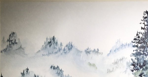 Лес туман горы акварель