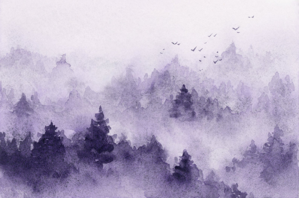 Лес в тумане акварель