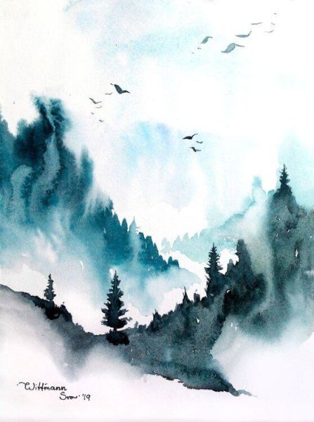Лес и горы акварелью