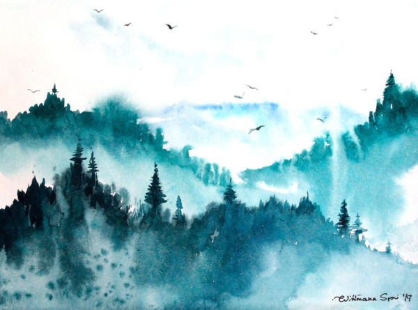 Лес и горы акварелью