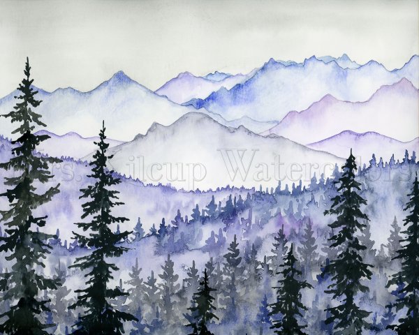 Лес и горы акварелью