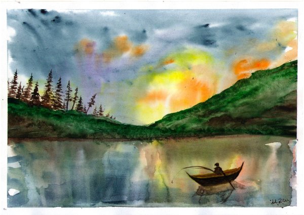 Пейзаж с озером акварелью