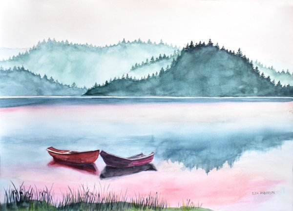 Акварель река горы