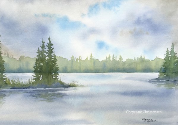 Пейзаж с водой акварелью