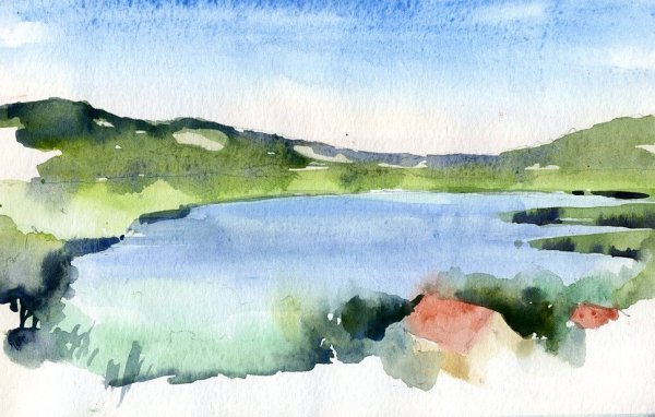 Этюд озеро акварелью