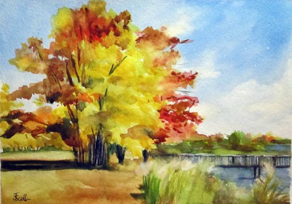 Осенние березы акварелью