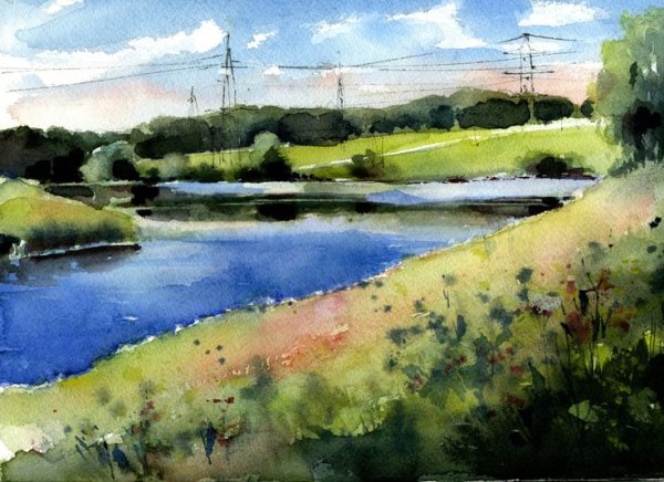 Речной пейзаж акварелью