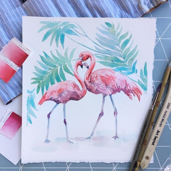 Фламинго красками акварелью