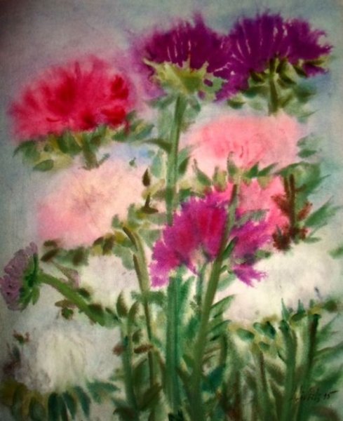 Астры акварелью по сырому