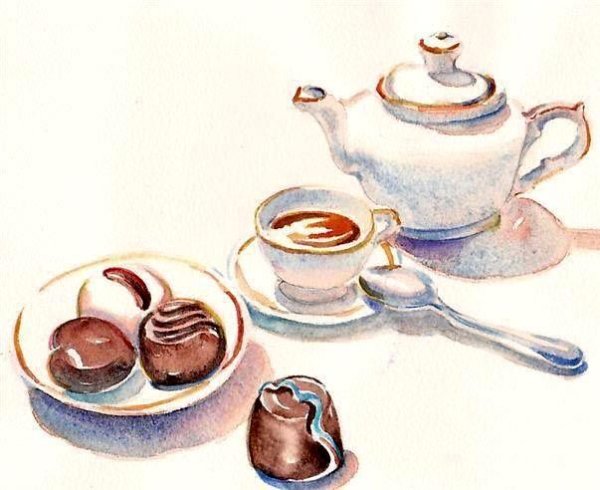 Акварельный набросок чаепитие