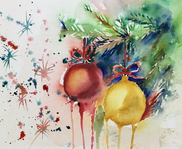 Рождественские рисунки акварелью вечер