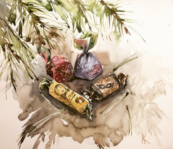 Новогодние рисунки акварелью
