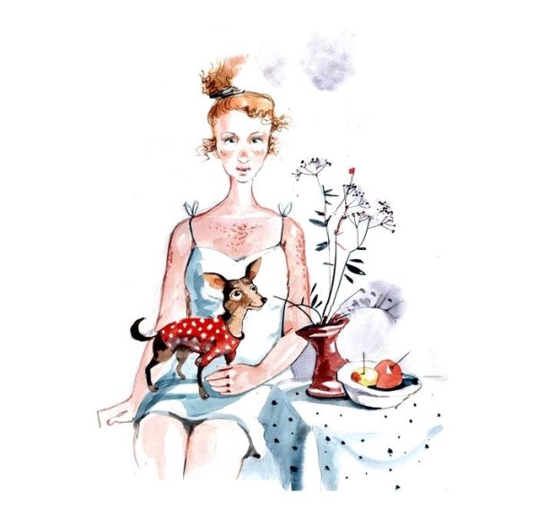 Акварель дама с собачкой
