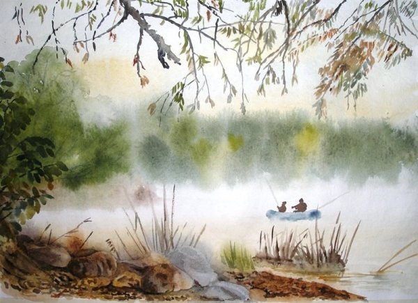 Акварельный пейзаж на охоте