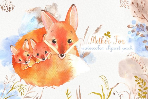 Лисенок с мамой акварелью
