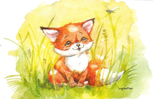 Лисенок с цветами акварель