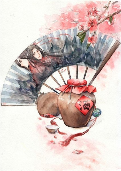 Японский веер акварель