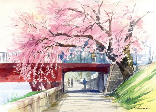 Японский пейзаж акварелью