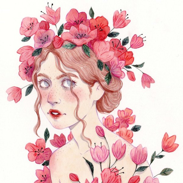 Нарисованная девушка в цветах