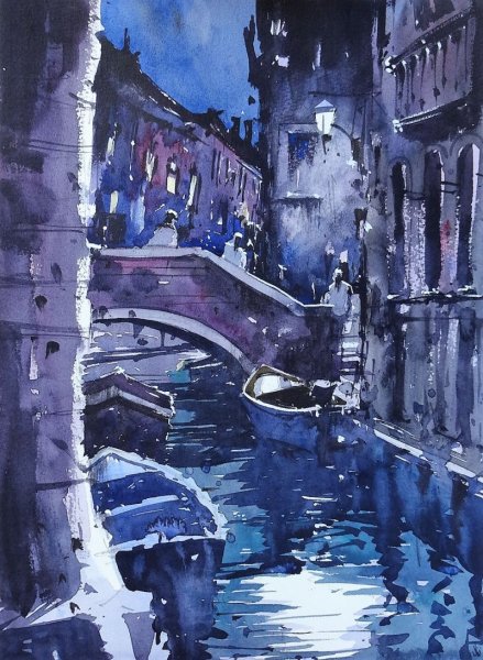 Ночной городской пейзаж акварелью