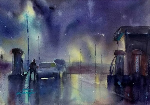Ночь город акварель