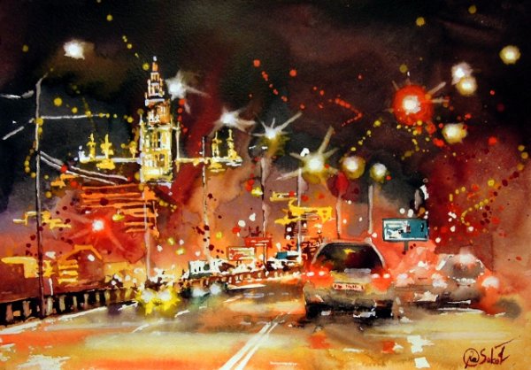 Ночной город гуашью