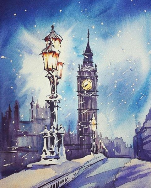 Новогодний город акварель