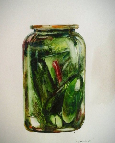 Огурцы в банке акварелью