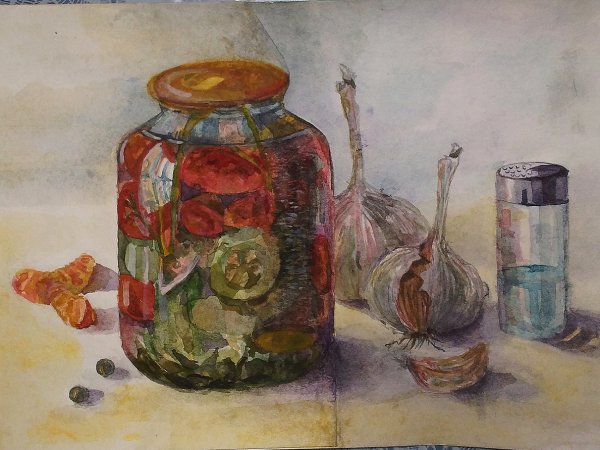 Акварель баночка с соленьями