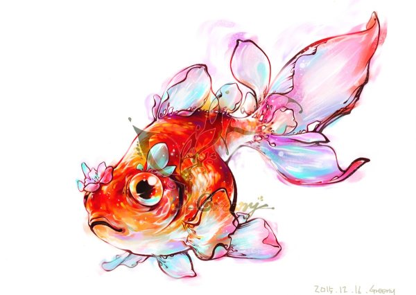Золотая рыбка рисунок акварелью