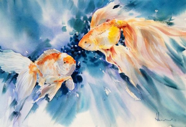 Аквариумные рыбки акварелью