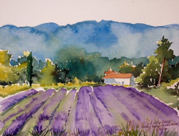 Лавандовое поле акварелью