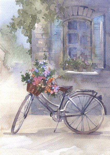 Велосипед с цветами акварель