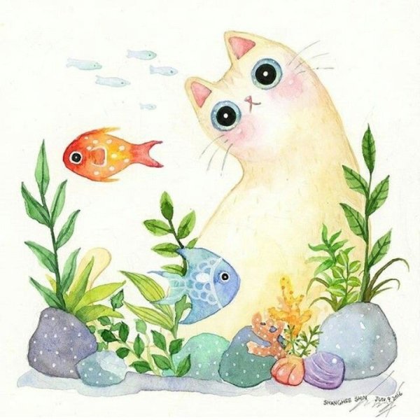 Аквариумные рыбки акварелью