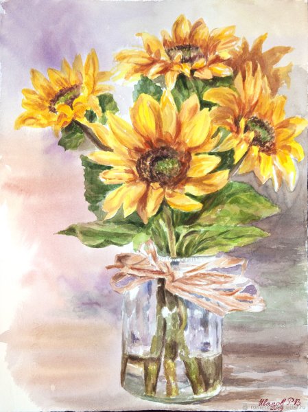 Букет подсолнухов акварель