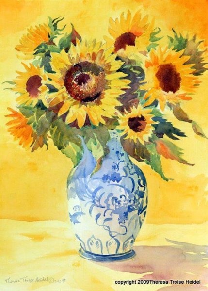 Подсолнухи в вазе акварелью