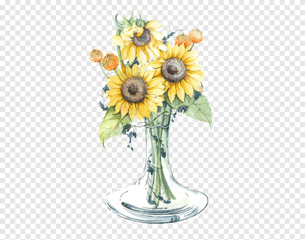 Букет в вазе с подсолнухом акварель
