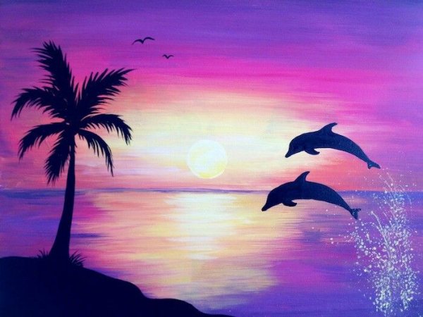 Пейзаж с дельфинами легко