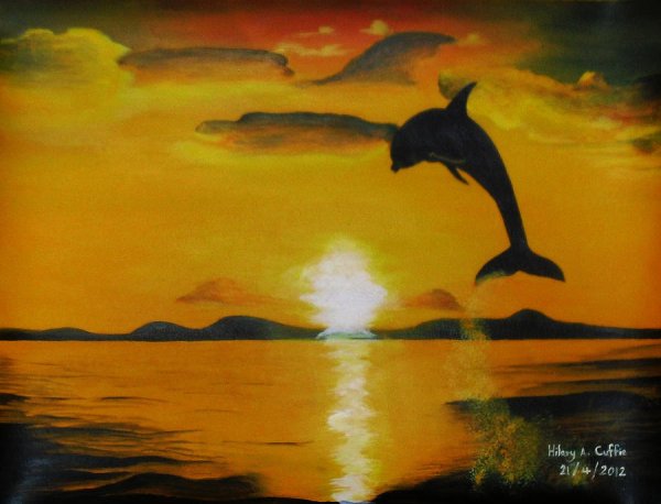 Закат с дельфинами гуашью
