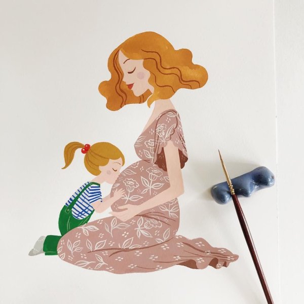 Силуэт мама и ребенок акварелью